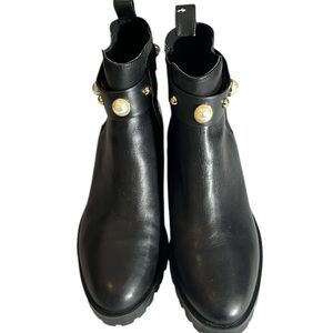 Karl Lagerfeld size 10 black leather boots pearl and gold details & lug sole